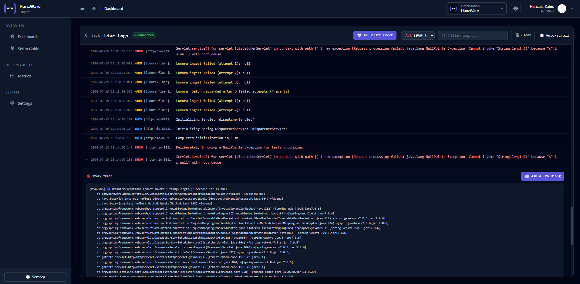 Lumora AI Dashboard Dark