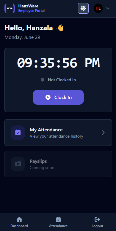 HanzWare Mobile App Dark Mode